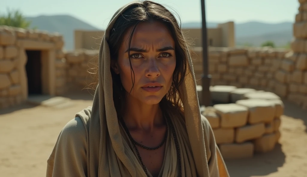 (best quality: 1.4), (Ultra Highres: 1.2), (photorealistic: 1.4), (8k, RAW photo: 1.2). The description of the Samaritan woman's physical appearance is not detailed in the biblical narrative, but her Samaritan origin suggests that she likely had similar characteristics to other people in the region. Without historical-cultural context, the story of the Samaritan woman. distressed and worried, biblical film