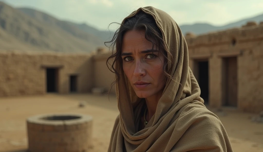 (best quality: 1.4), (Ultra Highres: 1.2), (photorealistic: 1.4), (8k, RAW photo: 1.2). The description of the Samaritan woman's physical appearance is not detailed in the biblical narrative, but her Samaritan origin suggests that she likely had similar characteristics to other people in the region. Without historical-cultural context, the story of the Samaritan woman. distressed and worried, biblical film