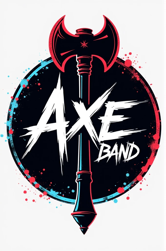 "Design a modern and edgy logo for a music band named 'Axe Band.' The logo should prominently feature a stylized 'Axe Band' as the central element. Use bold lines and sharp angles to give the 'Axe Band'a dynamic, powerful look. The design should be clean and minimalistic, with a color scheme that includes a mix of black, white, and a single vibrant accent color, like red or electric blue, to make the logo pop. The overall feel should be contemporary, energetic, and slightly rebellious, reflecting the band's creative and bold spirit."Make it in round shape also