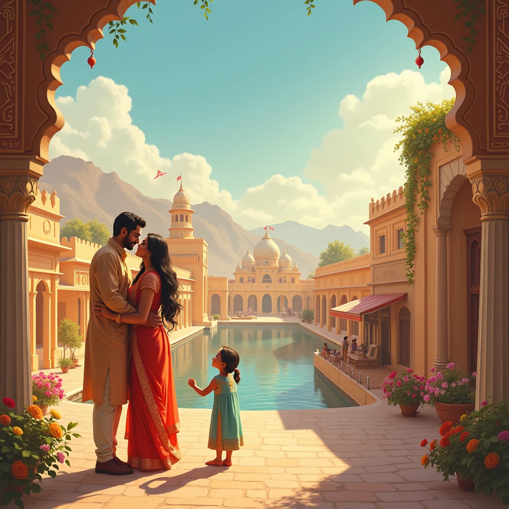 **Title: A Love Story in Ajmer**
Create a series of scenes depicting the life journey of a couple, beginning with their high school days in Ajmer, India. Capture the essence of their friendship, which blossoms into romance during their college years. Show key moments such as walking home together, exploring the city's landmarks like Ana Sagar Lake and Taragarh Fort, and the heartfelt proposal at Bajrangarh Temple. Illustrate their vibrant wedding steeped in traditional Rajasthani culture, held in a historic haveli. Depict the couple's married life, filled with joy, love, and traditions, as they settle in Ajmer. Finally, portray the arrival of their baby girl, Radhika, symbolizing grace and adding a new chapter to their story. Show scenes of the family exploring Ajmer and creating new memories together, embodying the love and hope for their future.
