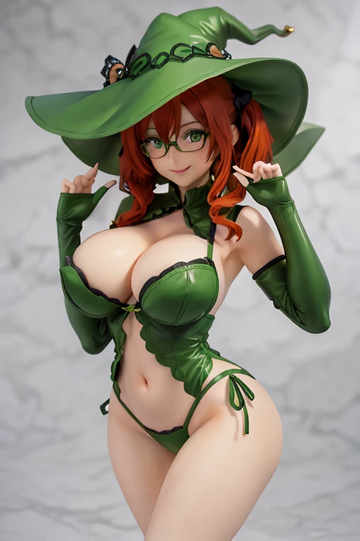 figure, glasses, redhead, green lace lingerie, sexy pose, big breasts, smile, green witch hat, pigtails
