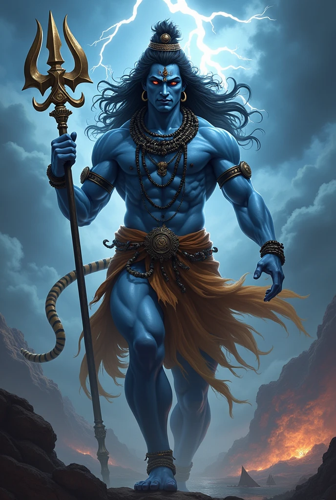 Create a detailed image of Lord Shiva in an intense and aggressive stance, with eyes glowing fiercely. His long, flowing hair is wild, and he is adorned with serpents, rudraksha beads, and ash smeared across his blue skin. He holds a massive trishul (trident) in one hand, its sharp points gleaming, while the other hand is raised in a powerful gesture. The background is a stormy sky, with lightning striking and dark clouds swirling, emphasizing the raw, divine energy radiating from him. His tiger-skin garment flows in the wind, adding to the dynamic and powerful presence. 