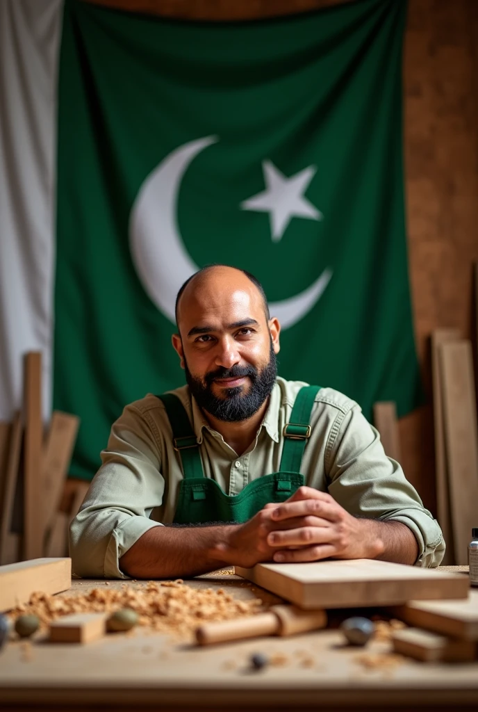 Creat and Instagram post for furniture brand on happy independence day of Pakistan 14 august, use wooden prob , add carpenter without beard working with wood cutting , add Pakistan flag in background,
