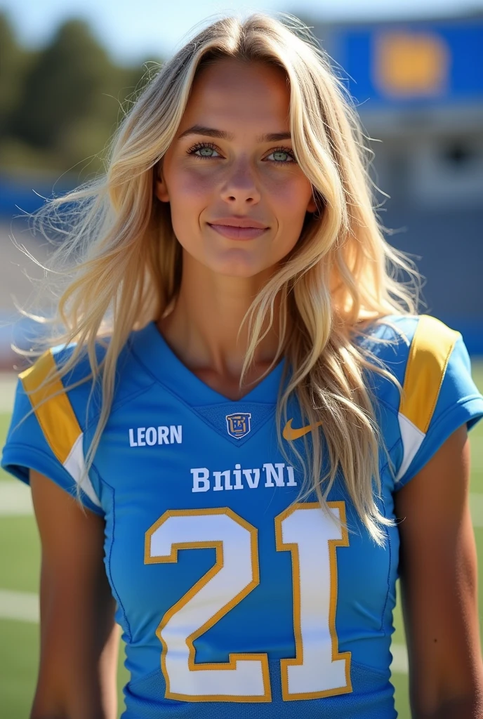 A photo of Anastasia Roxbury, a wide receiver for the female UCLA Bruins football team. Number 21. Blonde Sun kissed Cali girl