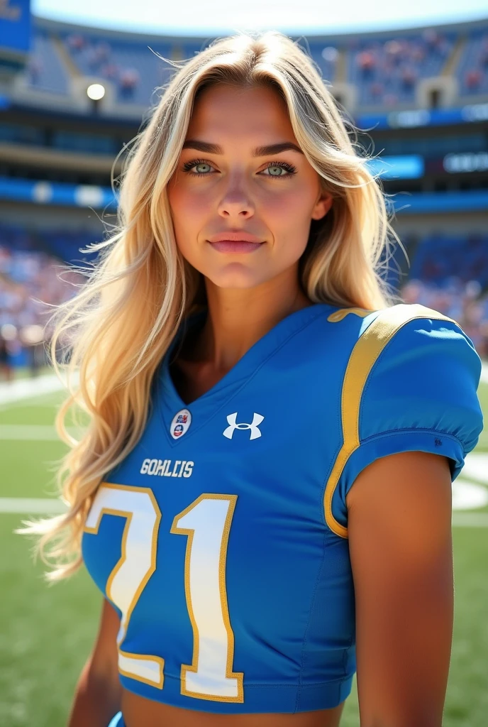 A photo of Anastasia Roxbury, a wide receiver for the female UCLA Bruins football team. Number 21. Blonde Sun kissed Cali girl