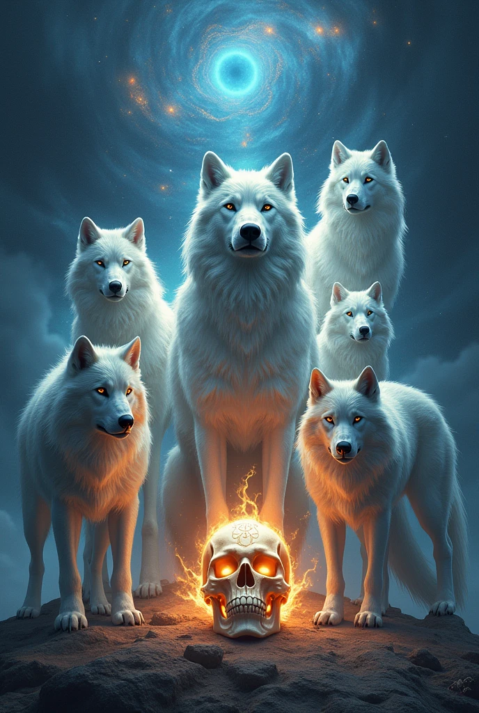 Seven divine wolves soon Where one appears ,stronger than the others With the name The Sacred Wolves and a pirate skull in the middle
