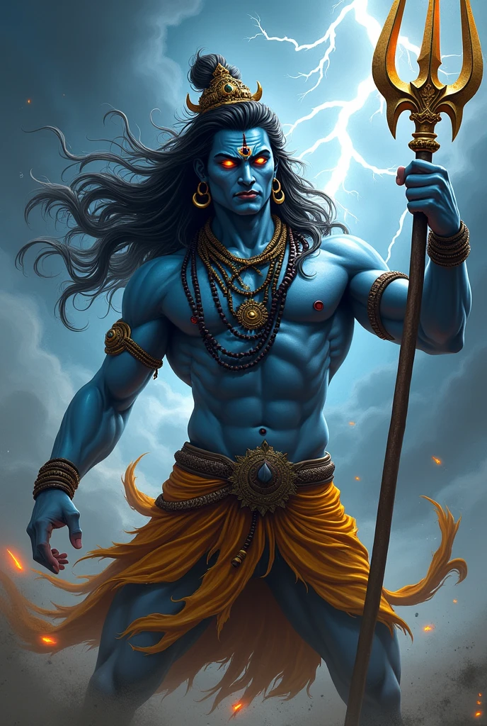Create a detailed image of Lord Shiva in an intense and aggressive stance, with eyes glowing fiercely. His long, flowing hair is wild, and he is adorned with serpents, rudraksha beads, and ash smeared across his blue skin. He holds a massive trishul (trident) in one hand, its sharp points gleaming, while the other hand is raised in a powerful gesture. The background is a stormy sky, with lightning striking and dark clouds swirling, emphasizing the raw, divine energy radiating from him. His tiger-skin garment flows in the wind, adding to the dynamic and powerful presence.