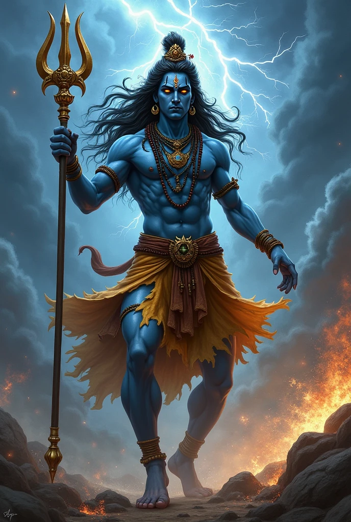Create a detailed image of Lord Shiva in an intense and aggressive stance, with eyes glowing fiercely. His long, flowing hair is wild, and he is adorned with serpents, rudraksha beads, and ash smeared across his blue skin. He holds a massive trishul (trident) in one hand, its sharp points gleaming, while the other hand is raised in a powerful gesture. The background is a stormy sky, with lightning striking and dark clouds swirling, emphasizing the raw, divine energy radiating from him. His tiger-skin garment flows in the wind, adding to the dynamic and powerful presence.