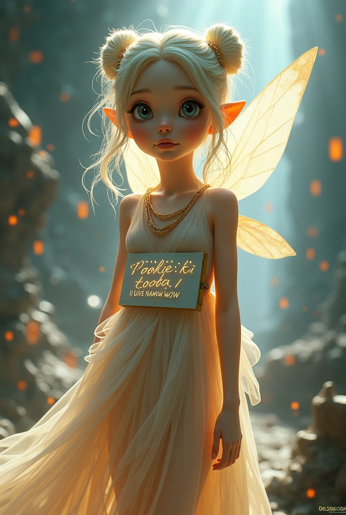 Make a beautiful fairy from scifi movie....which have sign...on which is written" pookie ki tooba I love you nawwwww "
Make her more preetier