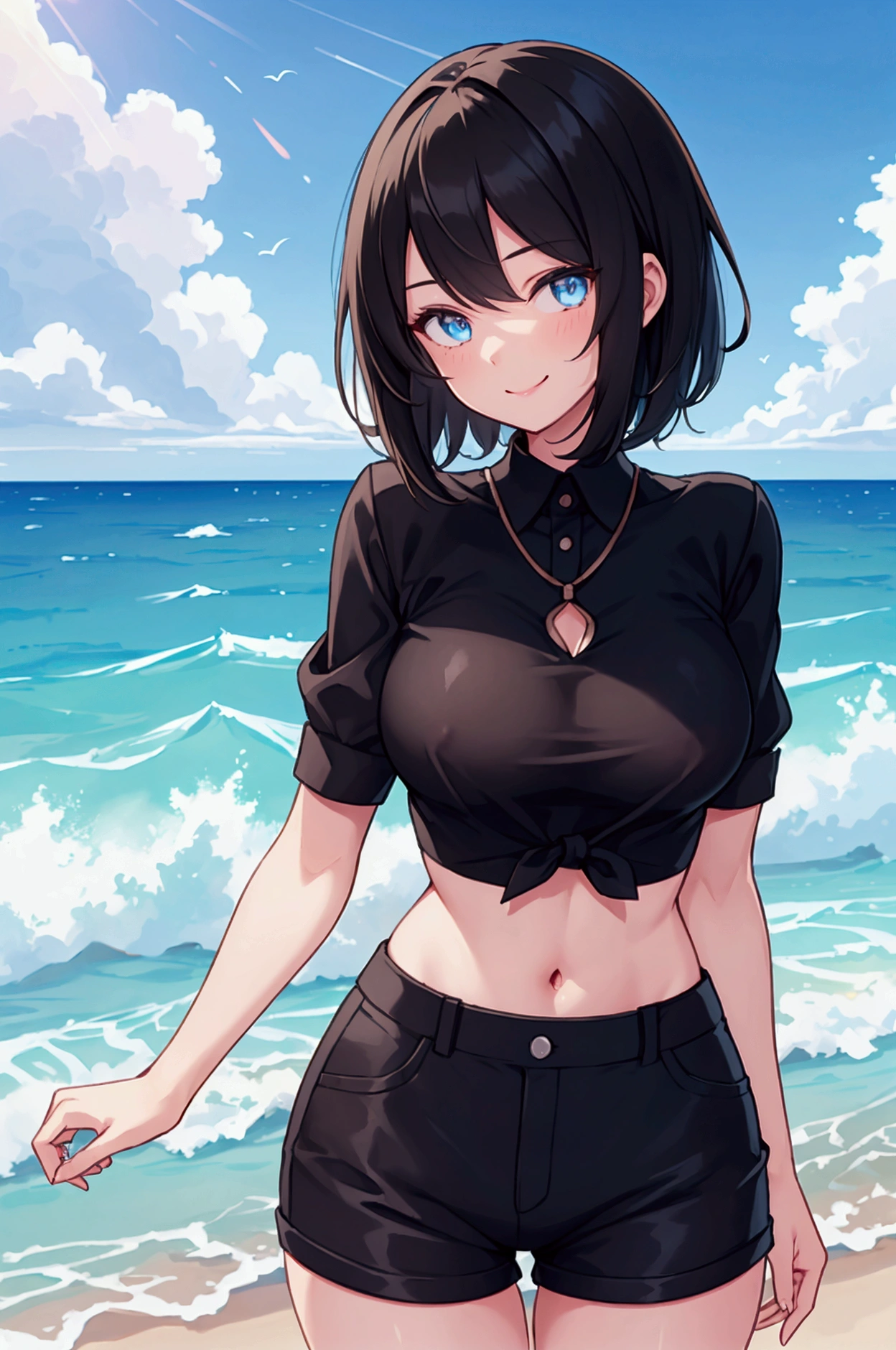 ultra-detailed:1.3), (illustration:1.2), (black color hair, beautiful detailed eyes)1.1, (high resolution), (solo), (1 girl), thighs , smile face , black short hair, intake, (solid shirt)1.0, hot pants,NSFW,midriff peek fluffy hair, blond eyes, private style, beachside background, blue sky, standing