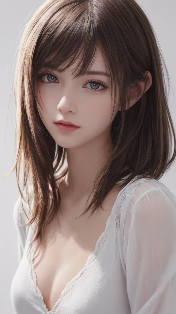 8K Ultra HD、RAWphoto、モデルphoto撮影、 European shoelaces、(masterpiece、best quality、Practical、high resolution、photo:1.3)、closure、focus on、Popular Models、Slim、30 years old adult、Small face、No makeup、short hair、Beautiful dark brown haine eyes、realスキン、(Perfect body)、Sexy hot face、、Sexual Vision、Slim、shirt、Long sleeve、Hide your breasts、Beautiful eyes in every detail、Glossy lips、Small Breasts、Small Breasts、Bust B cup、((Bright Light、Dynamic Lighting、real、超real、 realism、realなディテール、Cruel beauty、Cool pose、Background white、Pure white background,
