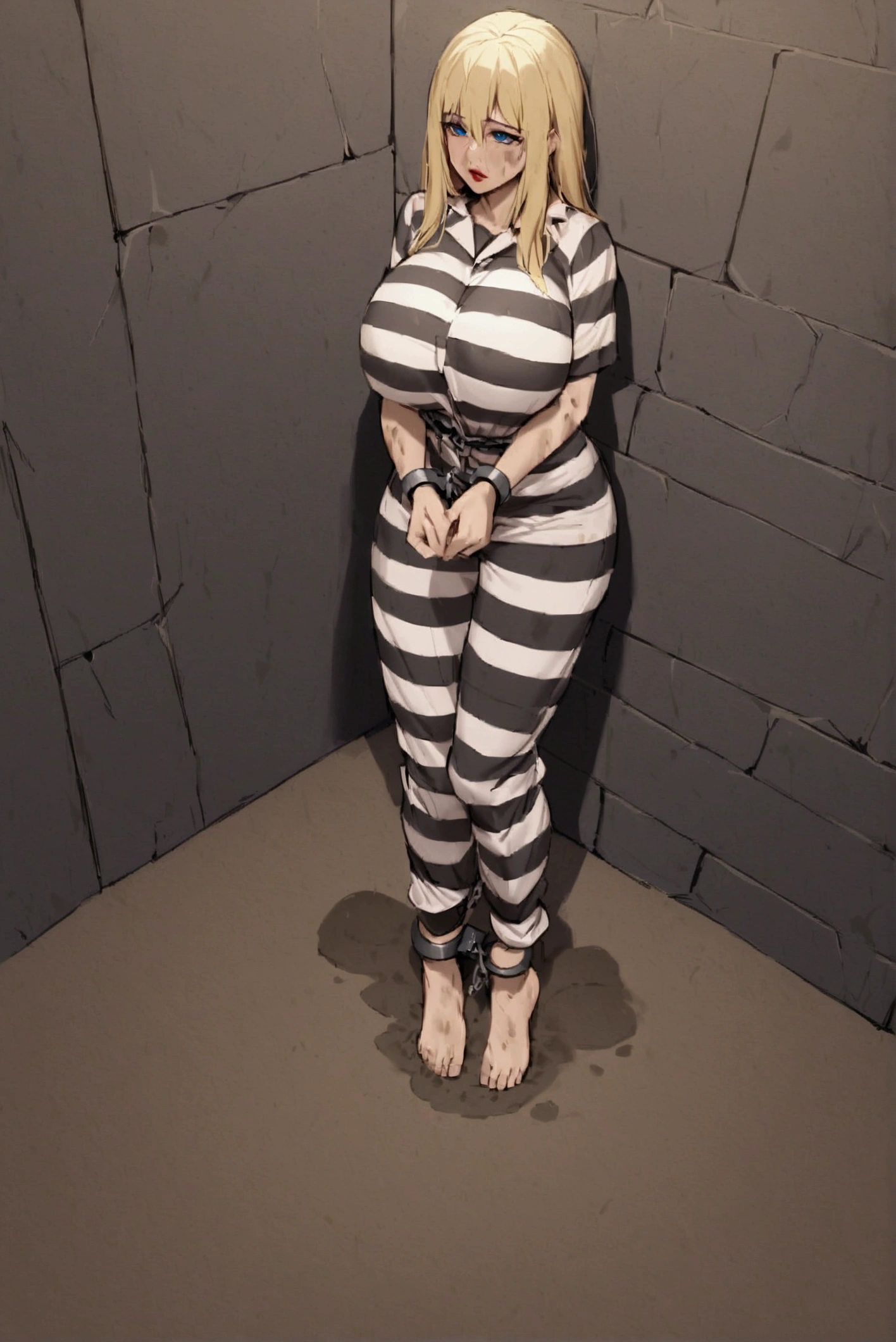 Huge breasts, Prisoner, Lady in prison, Imprisonment, Imprisonment,sexy, Black and white prison jumpsuit, Handcuffed,Shackles, Suppressed, bondage, be interested, Solitary confinement, rock,Blonde　hair,straight　hair,Blue eyes,mud stains,dirty face,dirt on face,dirty cloth,red　lipstick,bowlegs,barefoot