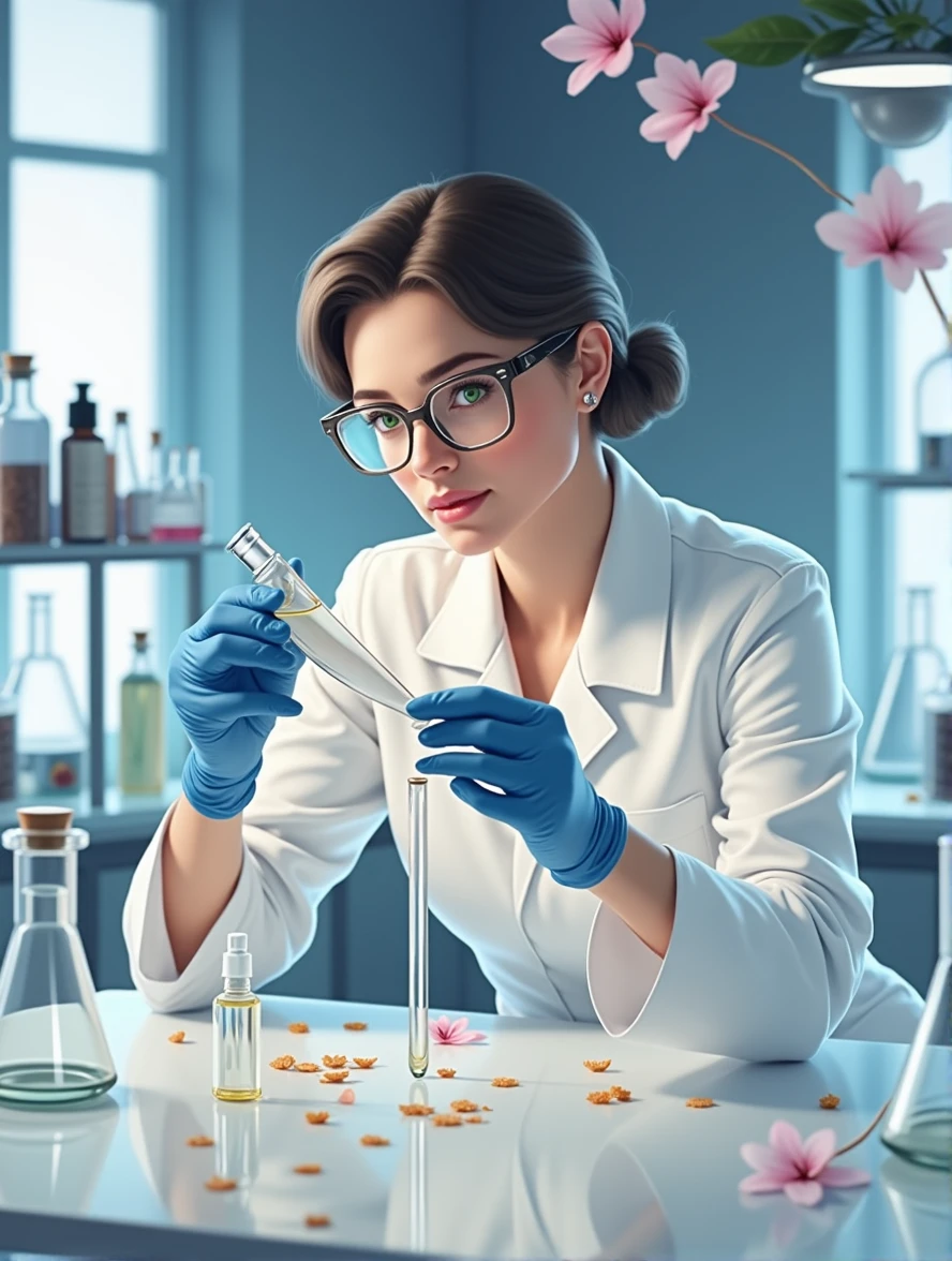 Beautiful 50 year old woman light green eyes years old glasses short white hair in a white coat big breasts thin waist wide hips in a laboratory testing perfumes on a table with test glass perfume bottle and some flowers