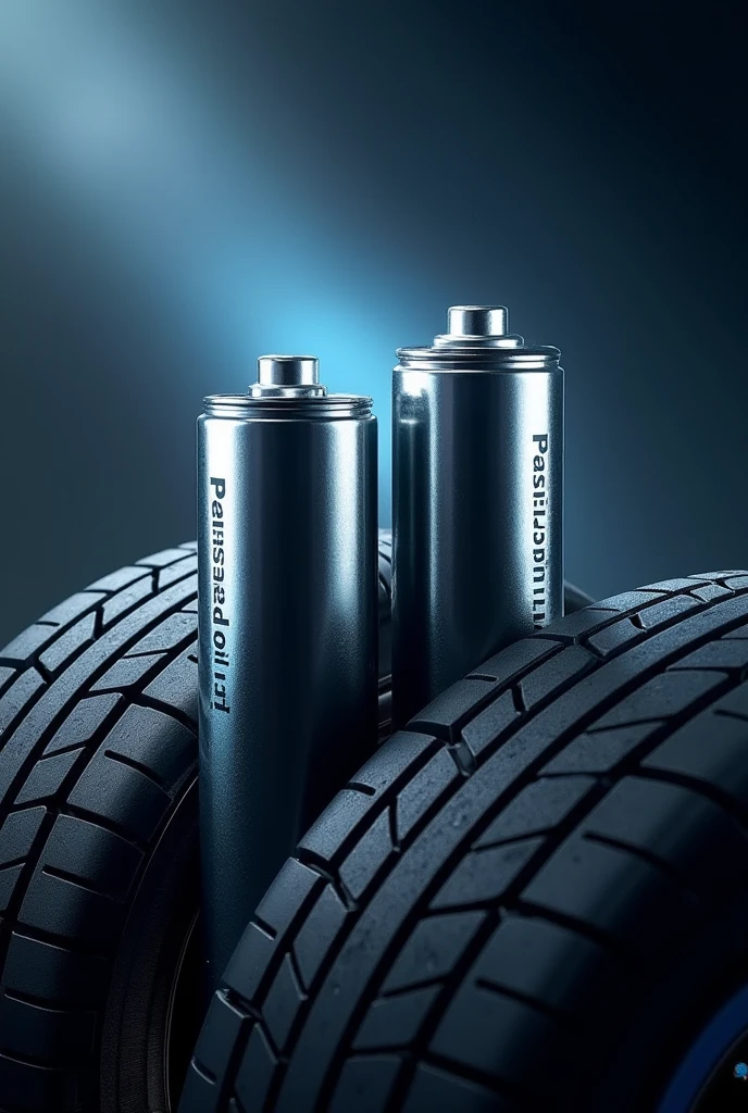Create a striking image of Panazonic brand batteries and automotive sports tires