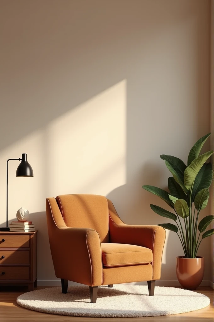 A wall with a brown chair and a nightstand