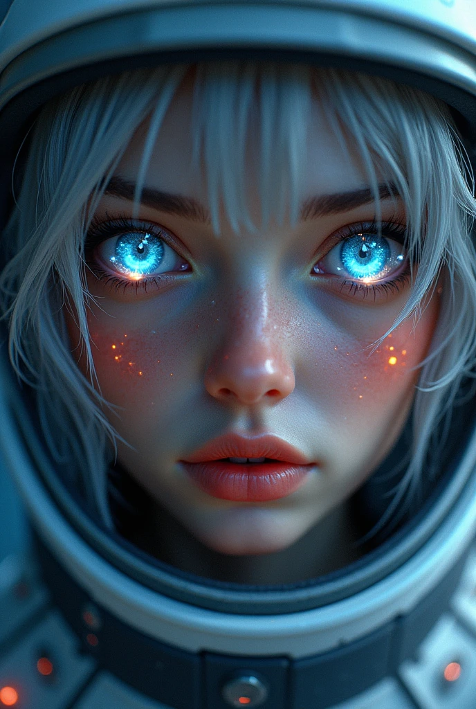 (Close-up of a better masterpiece: 1.5) 0.9], (Space and astronauts: 1.2) (Disheveled silver hair: 1.1) (Xanthochromia heterochromia and blue eyes: 1.2) (space helmet: 1.0) (colorful stars in the eyes: 1.0) (A radiant glow: 1.1) (thick lips: 0.9)