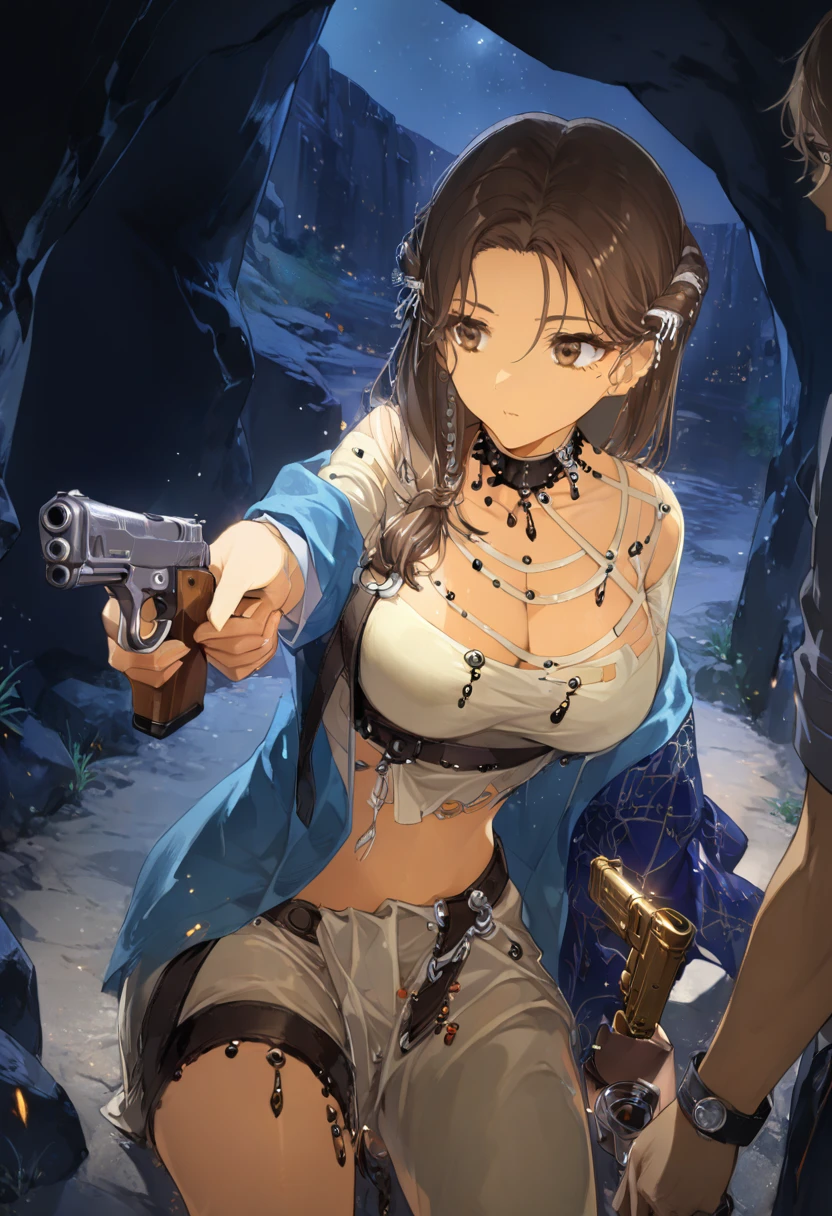 1girl, brown hair, brown eyes, fully clothed, guns with straps, looking at pyramid, nighttime, mans arm giving her gun ammo, holding ammo from 1guy hand reaching out for girl