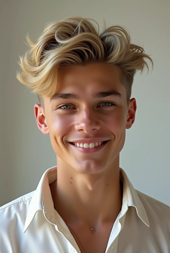 Portrait of a 17-year-old European guy, blonde luxury influencer haircut and tanned skin and perfect smile