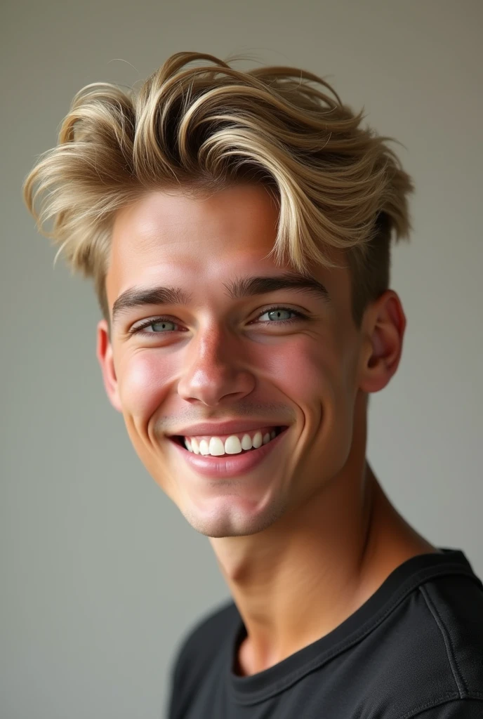 Portrait of a 17-year-old European guy, blonde luxury influencer haircut and tanned skin and perfect smile