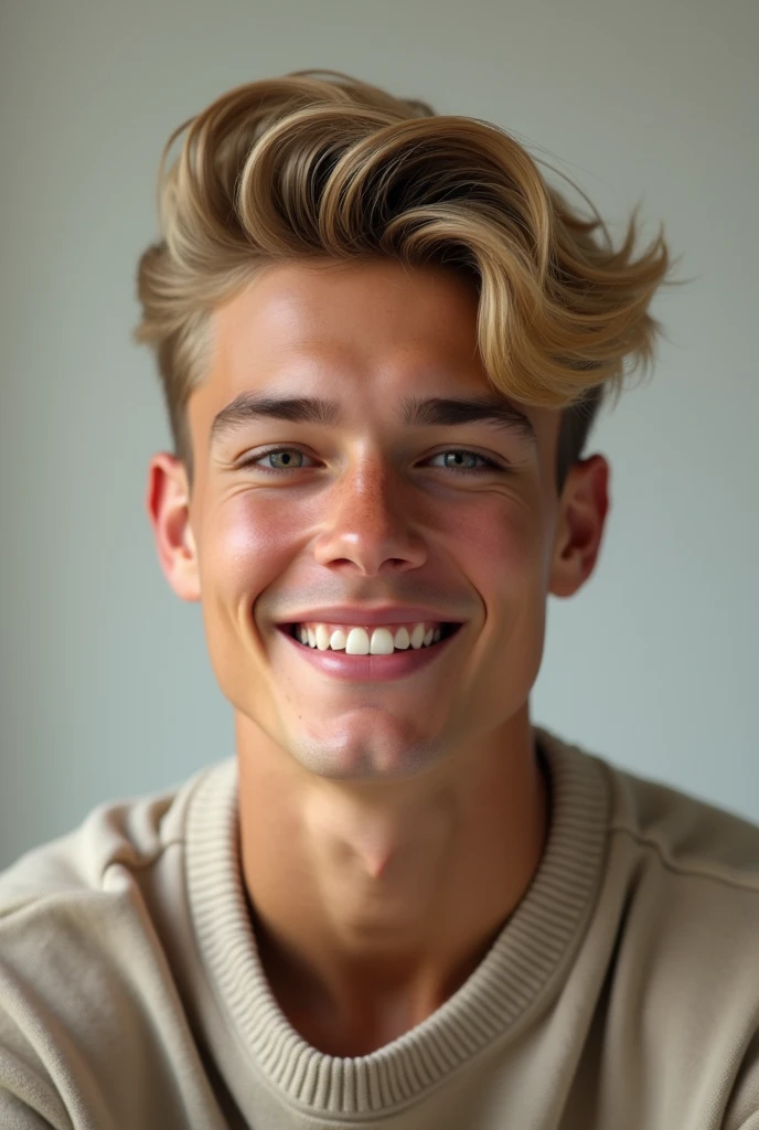 Portrait of a -yeld Euean guy, blonde luxury influencer haircut and tanned skin and perfect smile