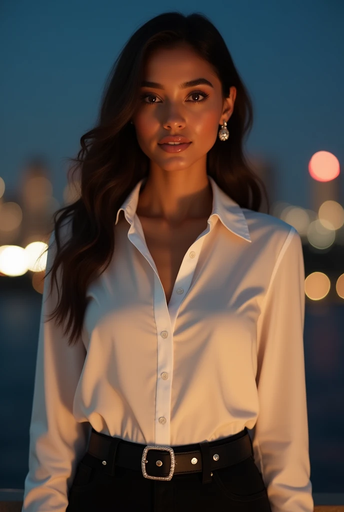 a photorealistic portrait, A 34-year-old Ecuadorian girl, tanned dark skin, very small and natural breasts, loose brown hair and striking brown eyes, Beautiful photo of a smart looking girl., Alone, Use a, White collared shirt, emphasis on fine fabric, detail of perfectly defined buttons, black high waisted pants with belt, diamond earrings,  and smooth, Brown eyes, parts, sensual, slim figure, standing in front of the city skyline at midnight, cowboy shot, full body shot, photographed with a Fujifilm XT3, 80 mm F/1.7 prime lenses, cinematographic film still, cinestill 500T, Very detailed, masterpiece, of the highest quality, intricately detailed, HdR, 8k, HD, Photorealistic INFO
