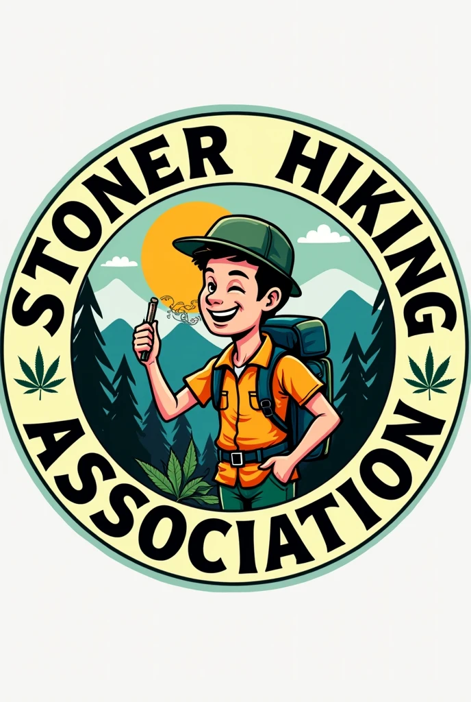 Round Logo for: Hiking club that smokes weed, with name "Stoner Hiking Association" around it, please include more weed, can you make it cartoony (young adult) and cool , fix spelling