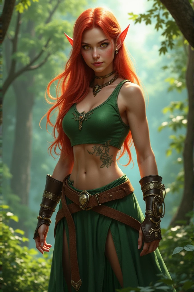 A female elf around, 26 yrs old, tall, strong, athletic....red hair, piercing yellow eyes