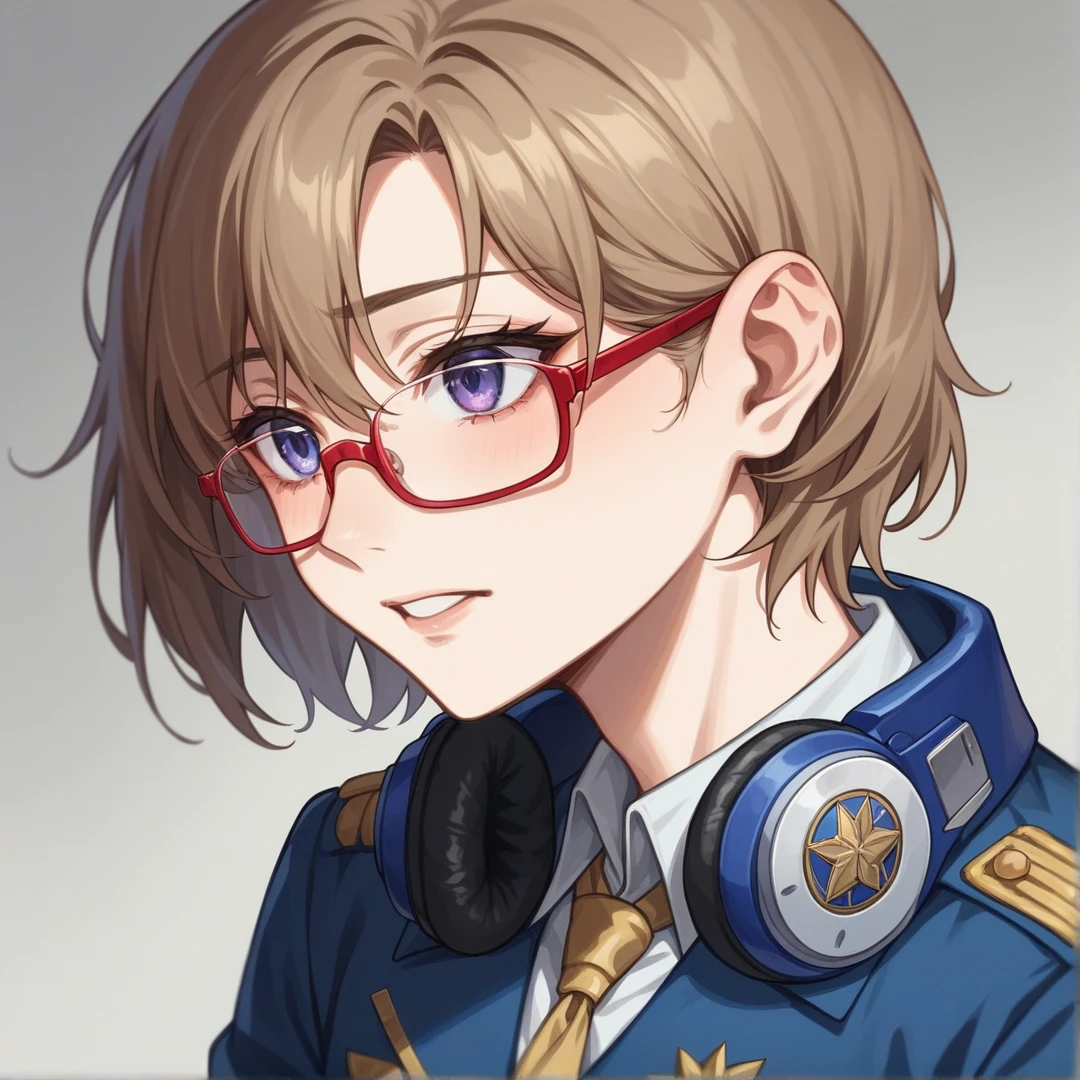 (masterpiece, best quality, very aesthetic, ultra detailed), 1 girl,intricate details,short brown / brunette haired, blue eyes, red frame glasses, kif uni blue uniform, 1guy, shaggy light brownish hair, purple eyes, headphones around neck, soft features, Blue university uniform, chocking girl softly from behind
