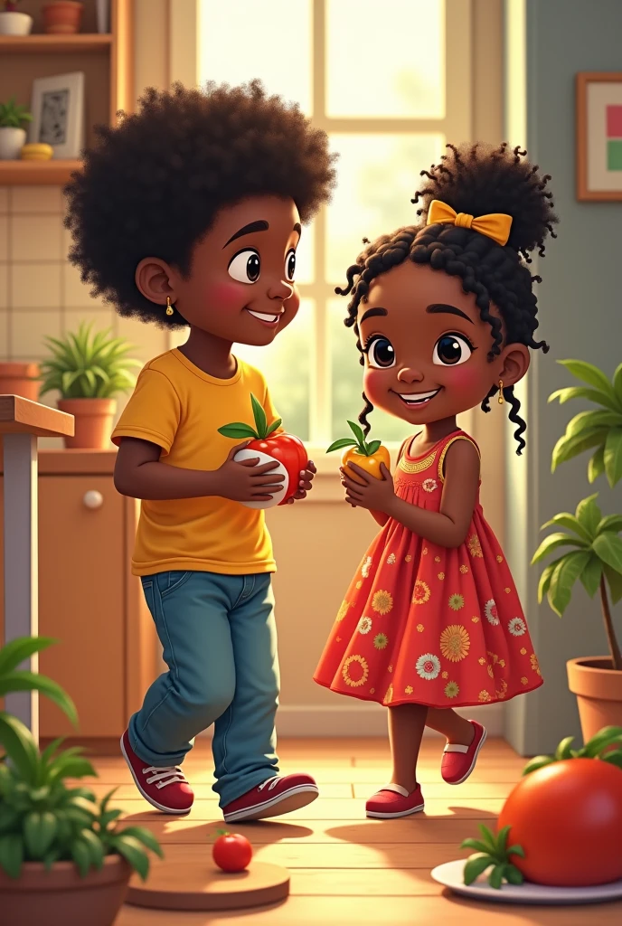 A Day in the Life of Hansel and Gretel"

context: Hansel and Gretel are siblings who live in a house where the family is trying to adopt healthier eating habits... today, their mother is a little busy, and they need to make some food decisions on their own. One of them is wearing pants and the other is wearing a dress. Eles são negros.

