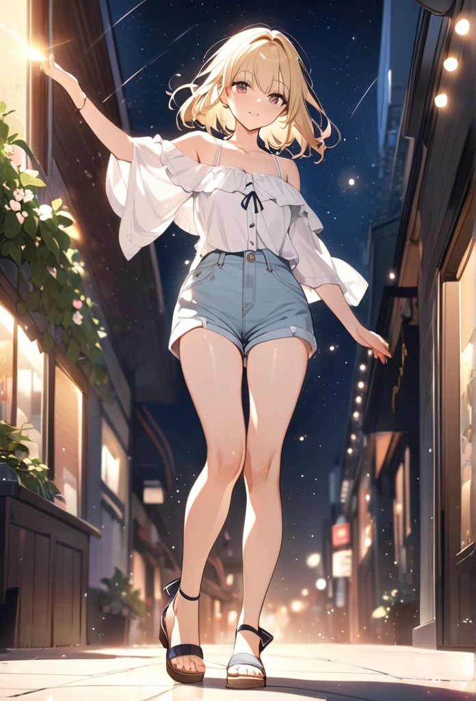 ((masterpiece)),(((Highest quality))),Thin thighs,Long legs,whole body:1.5，(One Girl:1.3),(More beautiful casual summer outfits：1.3),(Wearing light casual clothes:1.2),Short Blonde:1.2、Model pose，Gravure idol、
、flowerpunk、Sparkling light particles、Vivid gradient effect