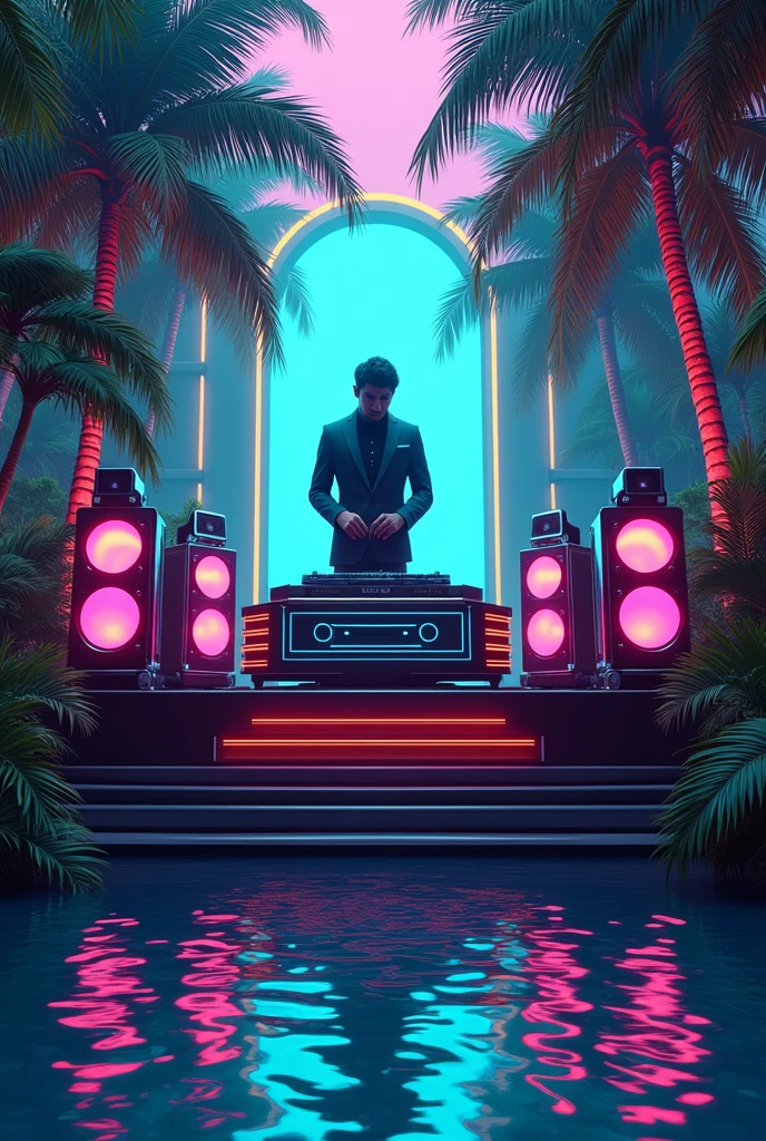 jungle setting with palm trees and a lagoon in the middle, with a disc jockey. Art deco style