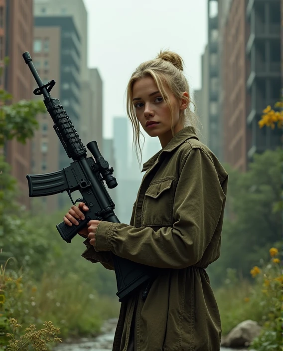 ((beautiful woman, 22 years old, a thin fit body blonde)), wearing apocalyptic clothes, Image of the city of NY NYC New York, post apocalypse the same image but without people, overgrowth foliage trees, carrying an AR 15 rife with scope,