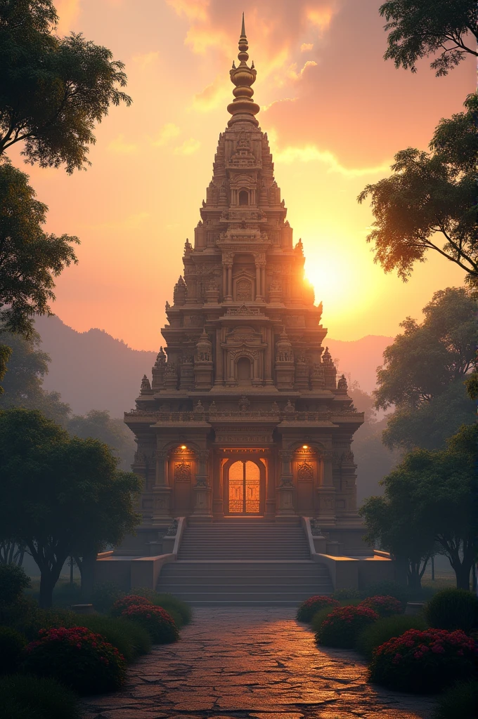 Mahakaleshwar Temple at dawn, with the first rays of the sun illuminating the temple's spire