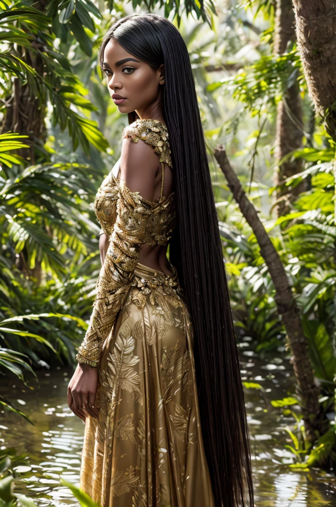 Prepare to be entranced by the hyper-unrealistic allure of the Amazonian Leaf Royalty, captured in a cinematic masterpiece of unparalleled beauty and elegance. In this enchanting scene, a floral warrior stands tall amidst a lush leafy environment, radiating an aura of regal sophistication and sensuality. Rendered in stunning 4K UHD resolution, every detail of the warrior's attire is brought to life with breathtaking clarity and precision. Clad in leaf-patterned attire adorned with intricate floral embellishments, she is the epitome of nature's majesty and grace. Delicate leaf and floral accents adorn her from head to toe, weaving a tapestry of botanical beauty that is both captivating and alluring. Nature-inspired accessories adorn her form, adding to the enchanting allure of her presence. Ambient sunlight filters through the dense foliage, casting a soft natural glow upon the scene and enhancing the ethereal beauty of the warrior. The atmospheric jungle setting serves as the perfect backdrop for her sophisticated leafy elegance, creating a sense of mystery and wonder that captivates the imagination. With a sensual touch that resonates throughout the scene, the floral warrior exudes a sense of power and allure that is impossible to resist. This is not merely a portrayal of beauty, but a celebration of nature's splendour and the timeless elegance of the Amazonian Leaf Royalty.