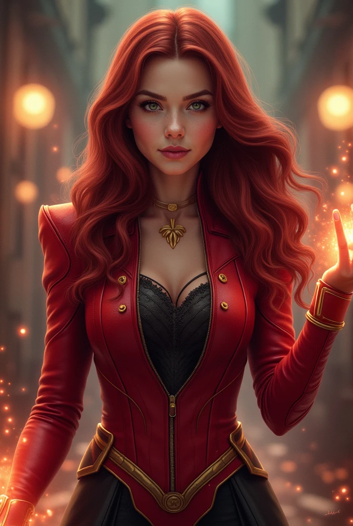 15 year old scarlet witch in original marvel WandaVision costume with dark brown hairs