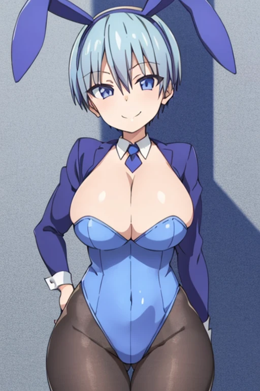 1girl, blue hair, very short hair, light blue hair, purple eyes, bunnysuit, black leotard, pantyhose, large breasts, thick thighs, smile, hourglass figure, rabbit ears, bunny ears,