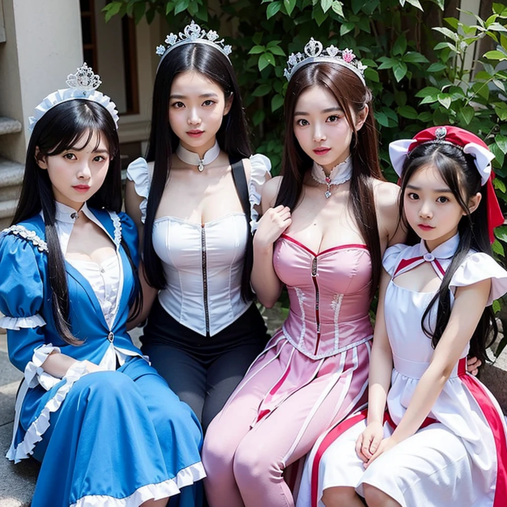 three Asian girls next to each other in Alice in Wonderland costumes. One dressed as Alice, another as the Queen of Hearts and the last as the White Queen.