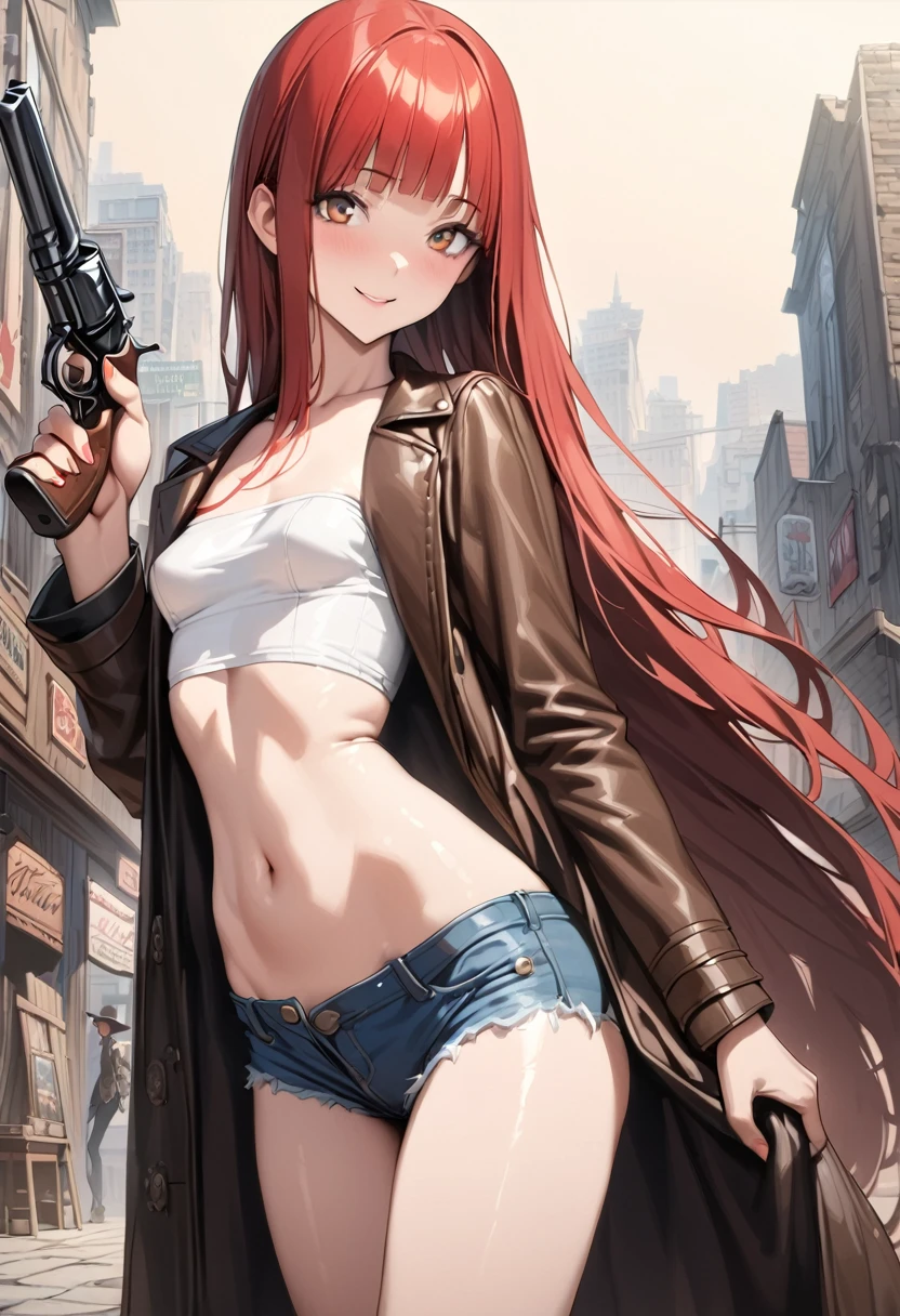 ((masterpiece,best quality anime,Highest quality:1.3)),realistic,cowboy shot,(30 year old beauty),gunslinger,1woman,独奏,((very small head:1.4)),((very long body:1.3)),(red hair),bangs,straight long hair,gorgeous big eyes,brown eyes,smile,((Black leather long coat))、(Wearing a white tube top shirt under the coat、Denim micro shorts),((slender body:1.3,skinny)),small breasts,gleaming skin,shiny skin,holding a revolver、Western cityscape、The World of Westerns、