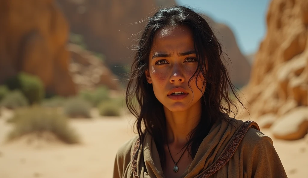 (best quality: 1.4), (Ultra Highres: 1.2), (photorealistic: 1.4), (8k, RAW photo: 1.2). The description of the Samaritan woman's physical appearance is not detailed in the biblical narrative, but her Samaritan origin suggests that she likely had similar characteristics to other people in the region, the story of the Samaritan woman. distressed and worried crying while walking