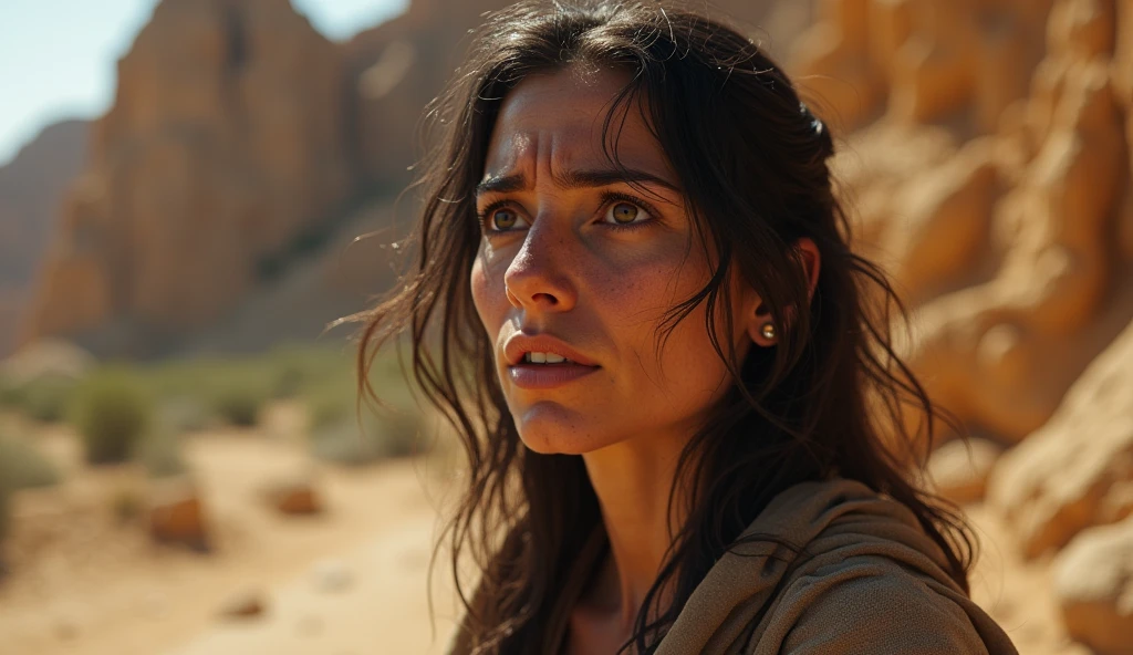 half body shot, three quarter profile shot of a woman wearing dark dirty shirt and long messy hair, dust on her face with traces of dried tears, sad expression, gazing at the distance while seating on the ruin of a city, sand cloud, heat, hazy, rubles, debris, desaturated, low contrast, cinematic