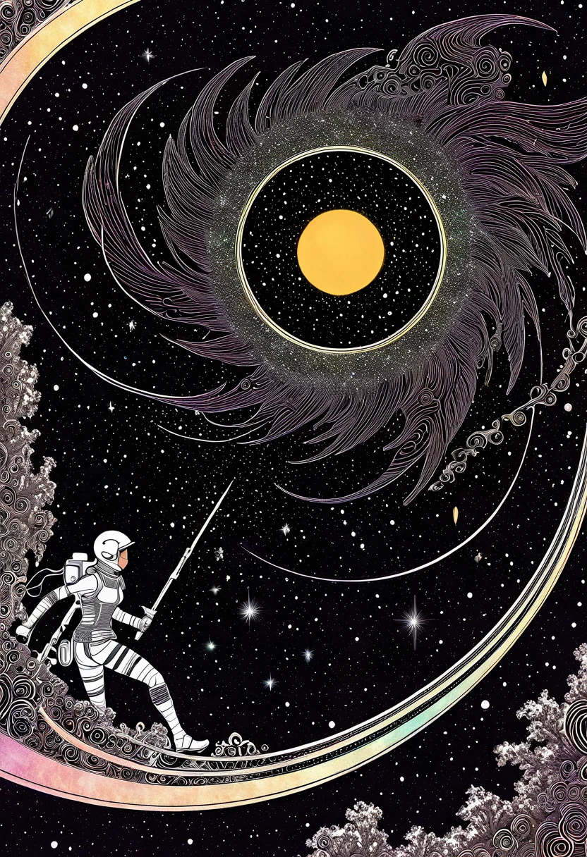 A high-quality digital illustration of the "Star Rider, Vure Fall, set against a backdrop of swirling galaxies and nebulae. This artwork should be vibrant and dynamic, capturing the essence of adventure and exploration. The style should be futuristic and fantastical, with a mix of science fiction and fantasy elements. The focus should be on intricate details, including intricate armor designs, luminous celestial effects, and a sense of epic scale. Key elements to include are cosmic energy, cosmic landscapes, futuristic technology, and a sense of heroic determination. The composition should be visually striking, with a blend of bright colors and shimmering lights.