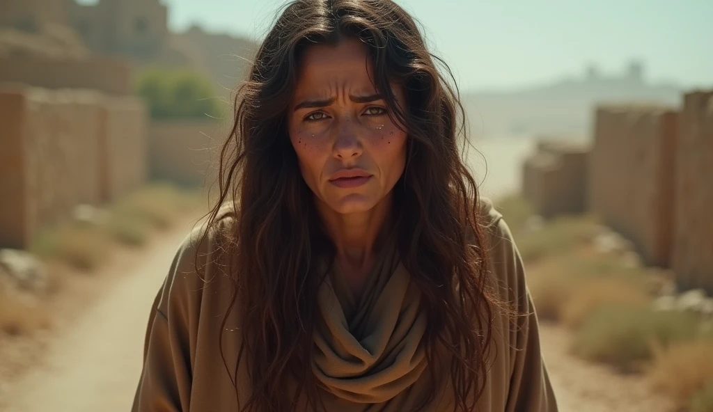 (best quality: 1.4), (Ultra Highres: 1.2), (photorealistic: 1.4), (8k, RAW photo: 1.2). The description of the Samaritan woman's physical appearance is not detailed in the biblical narrative, but her Samaritan origin suggests that she likely had similar characteristics to other people in the region, the story of the Samaritan woman. distressed and worried crying while walking