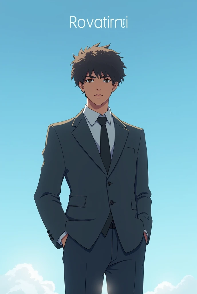 a light brown boy with curly hair with a dark gray suit and all white air force with his left hand in his pocket with a word Rovatina on the sky blue background