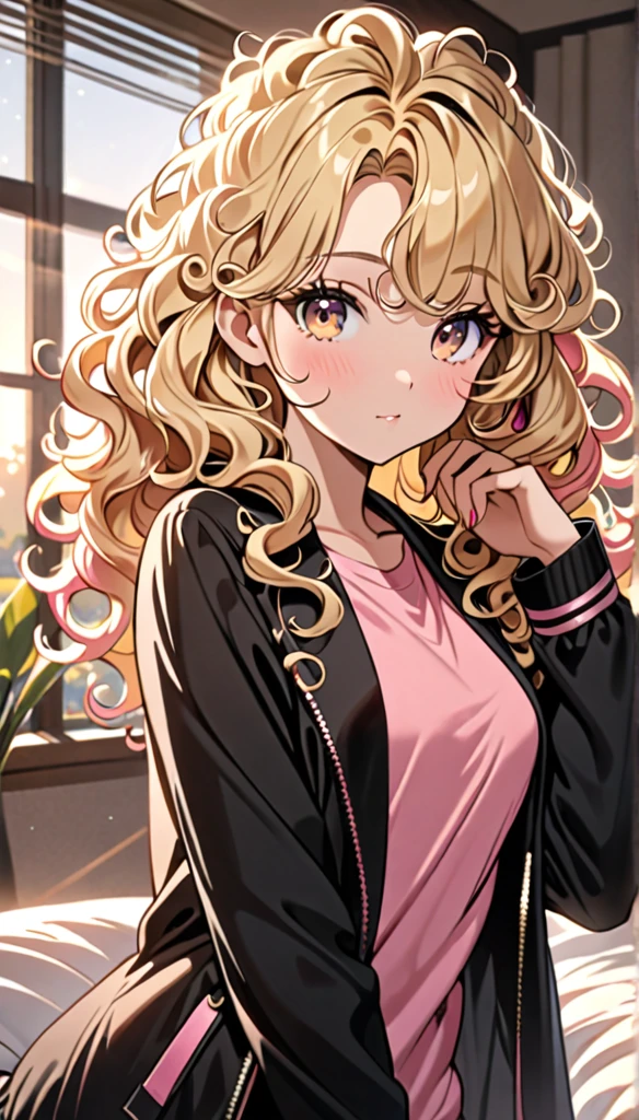 Beautiful and blond, styled hair, a bit curly hair, wearing a black jacket, pink shirt, morning, looking fancy, looking at the viewer,