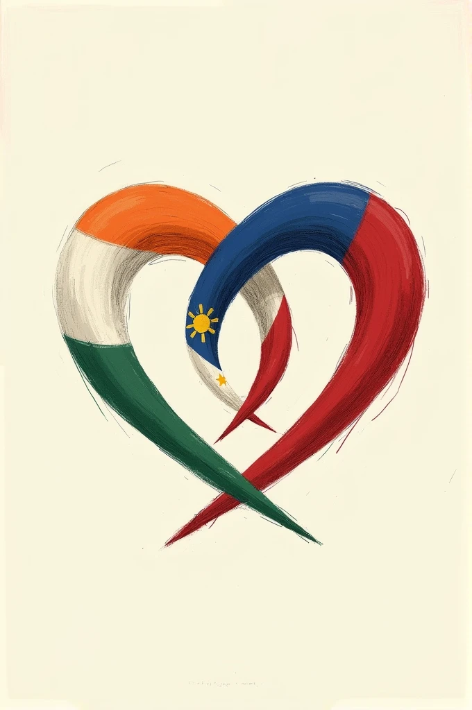 Two hearts of Indian flag and Philippines flag showing togetherness. It should be more realistic and should look like human drawing and make it more simple drawing.