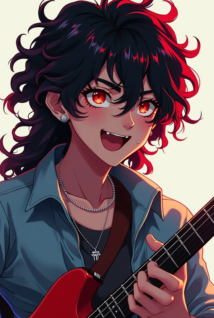 a tall moreno male ager with long curly hair that has red tips. he has eye brow piercings and snake bite piercings. he's holding a guitar strumming it with an excited look on his face. In the style of anime but with human like features.