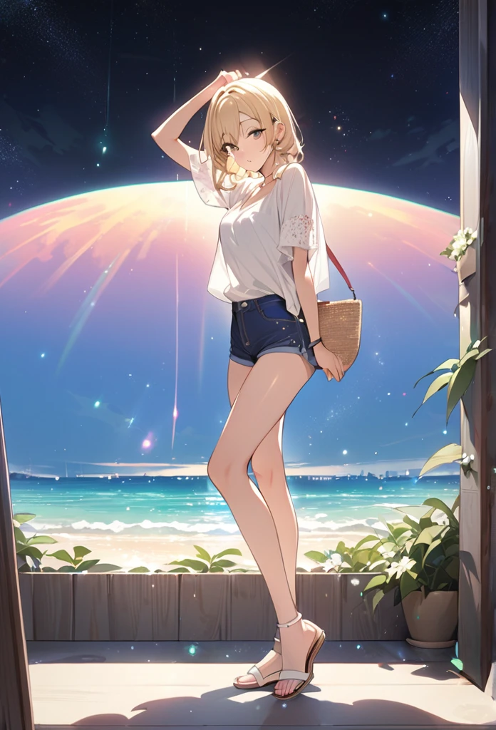 ((masterpiece)),(((Highest quality))),Thin thighs,Long legs,whole body:1.5,(One Girl:1.3),(More beautiful casual summer outfits:1.3),(Wearing light casual clothes:1.2),Short Blonde:1.2、Model pose,Gravure idol、
、flowerpunk、Sparkling light particles、Vivid gradient effect