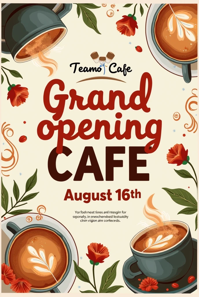 Create the hd poster Grand opening on August 16th Teamo Cafe as a veriety font with Cuppuccino photos
