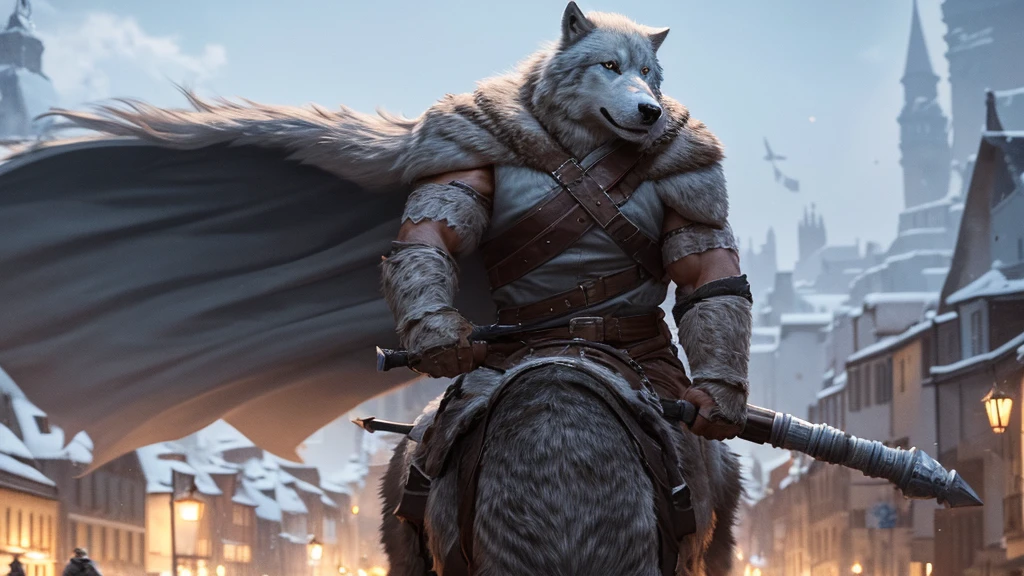 NORDIC MUSCLE, rey, Riding a Giant Wolf, Using a fur cape, in a medieval city, Full HD, detailded, ultra realisitic, detailded, best qualityer, Full HD,