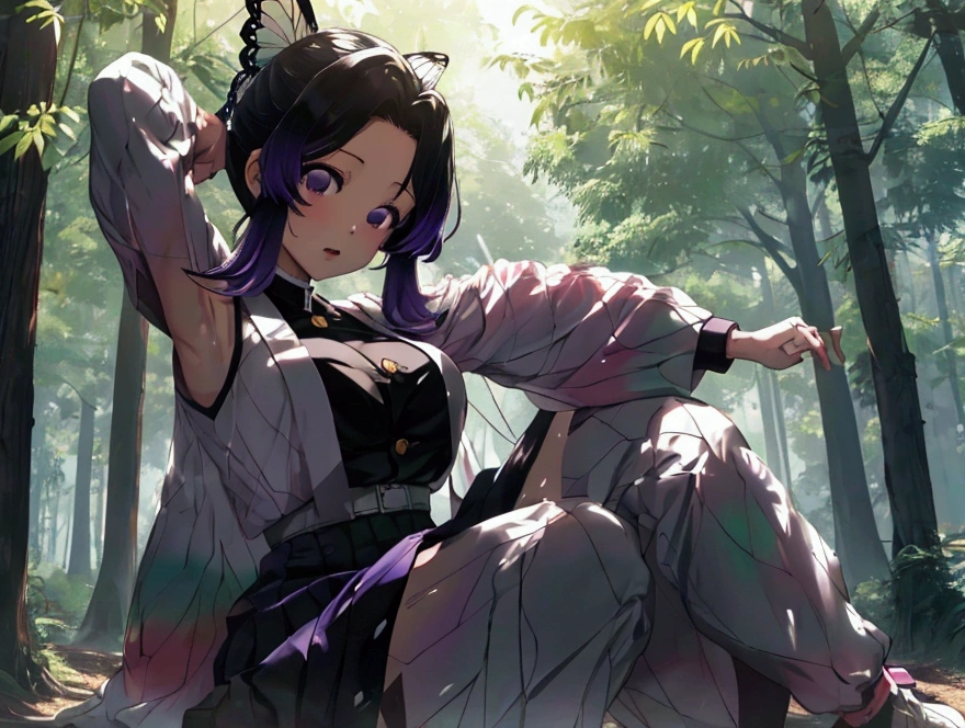 Kochou Shinobu, 1girl,masterpiece, multicolored hair,sleeveless, purple eyes,black skirt, white haori, , multiple butterflies, public road, lens flare, perfect lighting, highest quality, hands above head,armpits, thick thighs, large breasts, highest quality, high resolution, full body,cumming, masturbating,squirting, legs spread, pussy